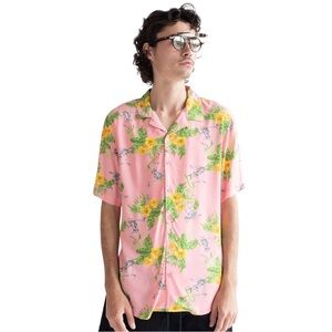 Men’s 4th Dimension Pink Tropical Surfing Skeleton Hawaiian Button Up Shirt
